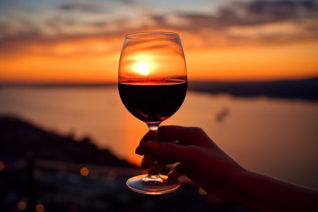 Foto een glas rode wijn in de hand tegen de achtergrond van de ai-generatie bij zonsondergang