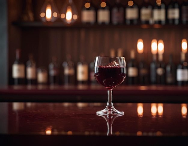 Een glas rode wijn in een bar.