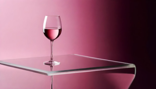 Een glas rode wijn op een reflecterend oppervlak met een roze achtergrond