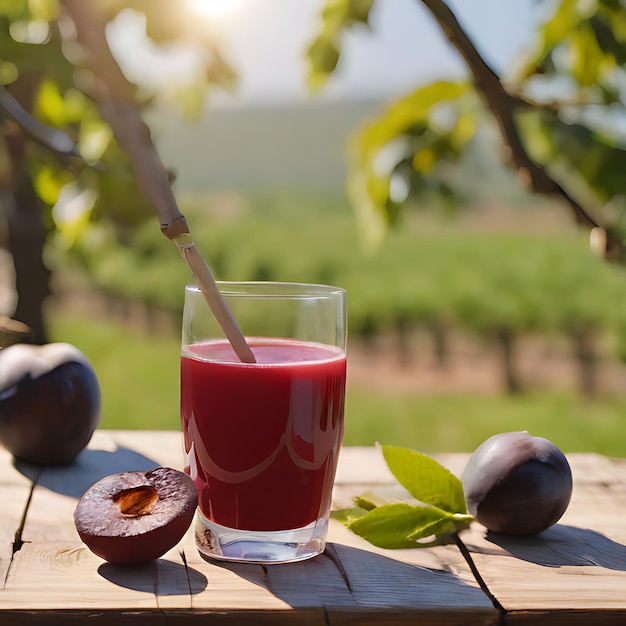 een glas rood sap naast twee pruimen en een rietje