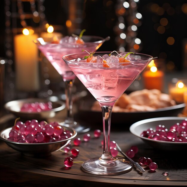 een glas roze martini Mooi decor in de stijl van Barbie Zoet alcoholisch dessert gedecoreerd