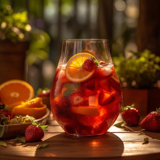 Een glas sangria met aardbeien en sinaasappels op tafel.