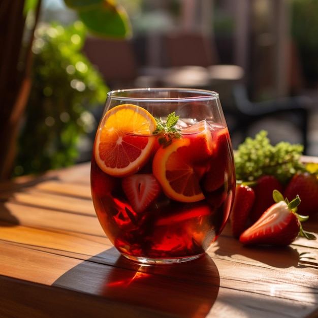 Een glas sangria met aardbeien en stukjes sinaasappel op een houten tafel.