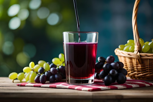 Een glas sap met druiven op tafel
