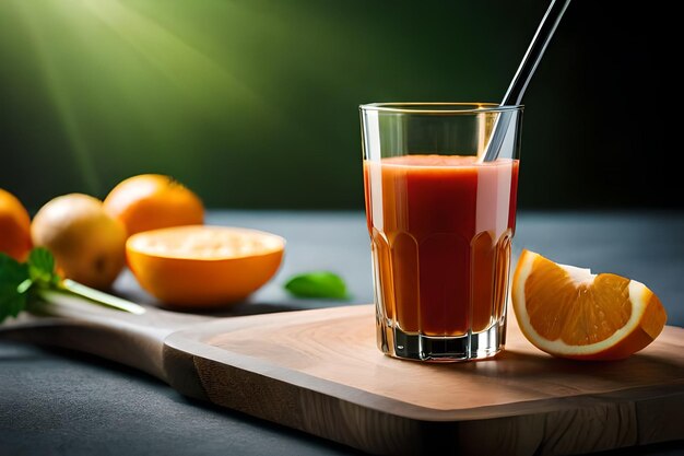 een glas sap met een rietje op de achtergrond