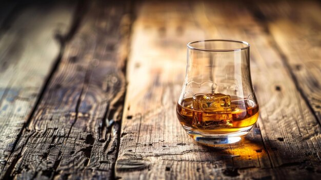 Een glas Schotse whisky op een oude houten tafel roept een gevoel van traditie en warmte op.