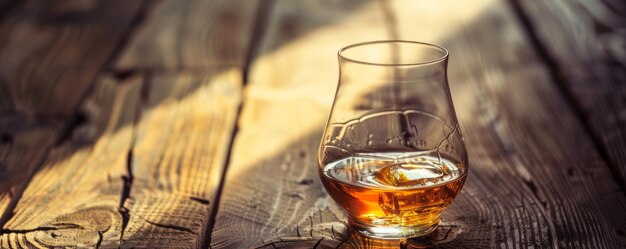 Foto een glas schotse whisky op een oude houten tafel roept een gevoel van traditie en warmte op.