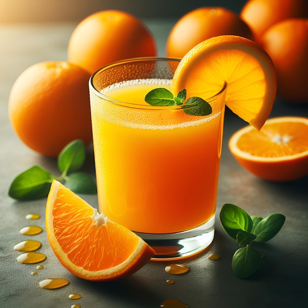 een glas sinaasappel sap met een bos bladeren en sinaasappels