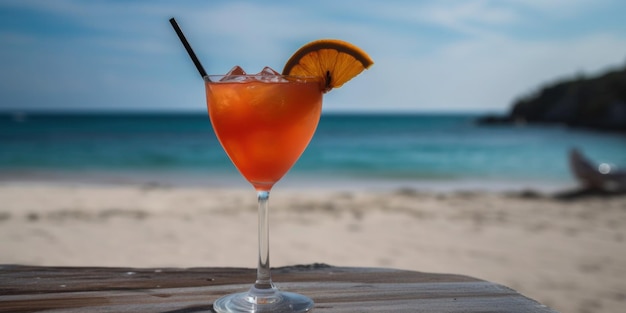 Een glas sinaasappelcocktail op een tafel aan het strand