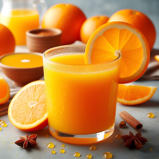 een glas sinaasappelsap is gevuld met sinaasappelen
