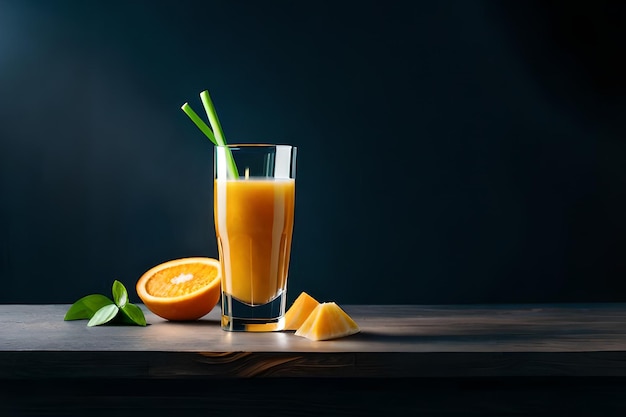 Een glas sinaasappelsap met een groen rietje ernaast.