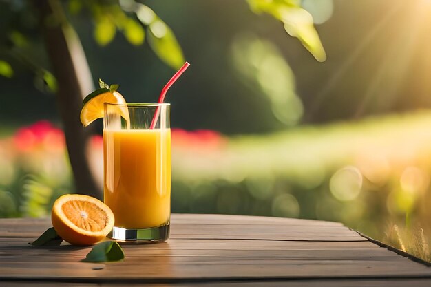 een glas sinaasappelsap met een rietje op een houten tafel