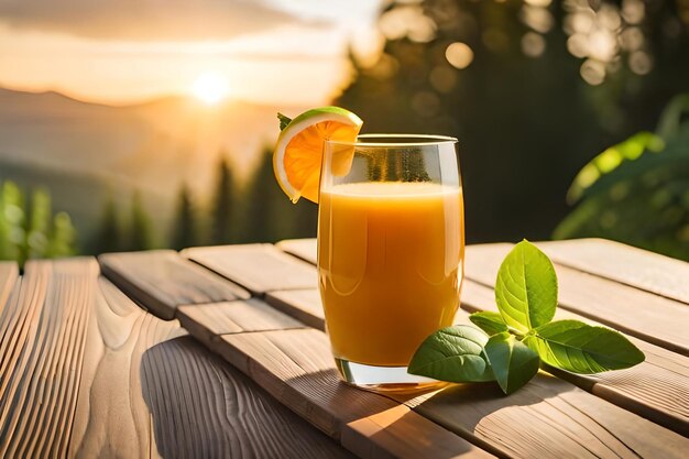 een glas sinaasappelsap met een schijfje limoen op tafel.