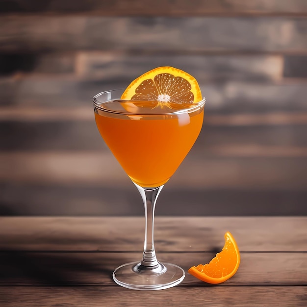 Een glas sinaasappelsap met een sinaasappelschijfje erbij.
