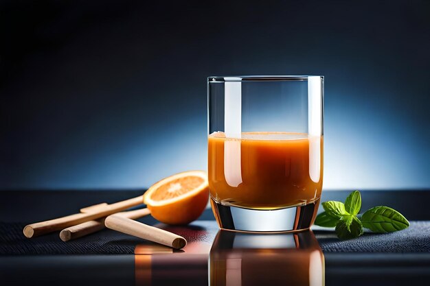 Foto een glas sinaasappelsap naast een gesneden sinaasappel.