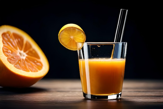 Een glas sinaasappelsap naast een halve sinaasappel.
