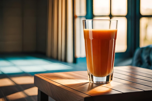 Een glas sinaasappelsap staat op een tafel voor een raam.