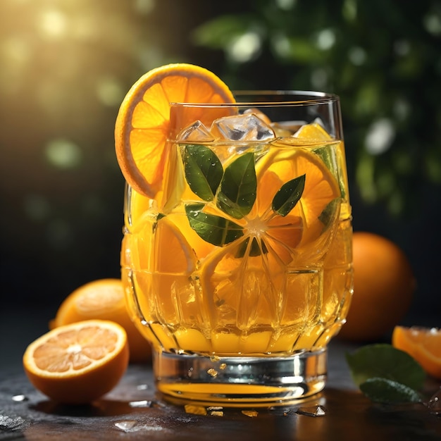 Een glas sinaasappelsap versierd met ijs en stukjes citrus