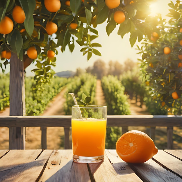 een glas sinaasappelsap zit op een houten tafel met een sinaasappel voor een wijnstok