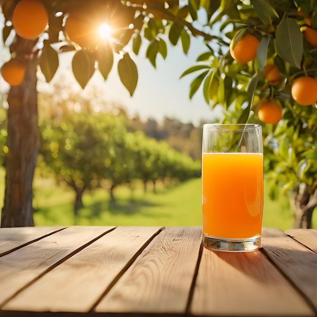 een glas sinaasappelsap zit op een houten tafel