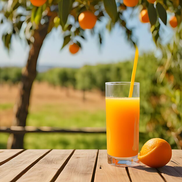 een glas sinaasappelsap zit op een houten tafel