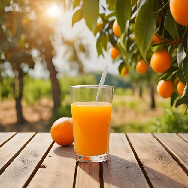 een glas sinaasappelsap zit op een houten tafel