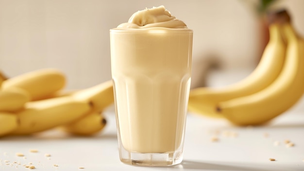 Een glas smakelijke bananen smoothie met gesneden bananen op een witte minimale achtergrond