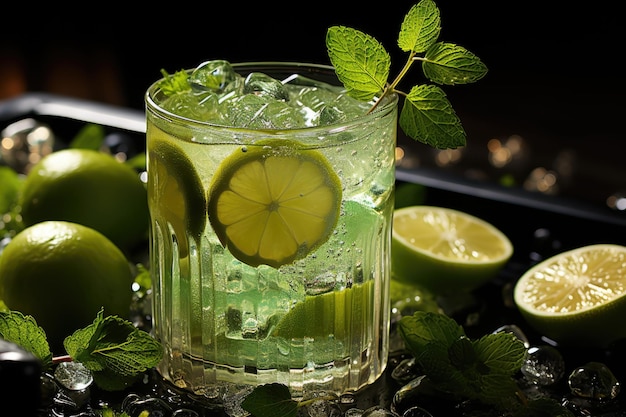 Foto een glas smakelijke splashes mojito met limoen en munt op donkere achtergrond