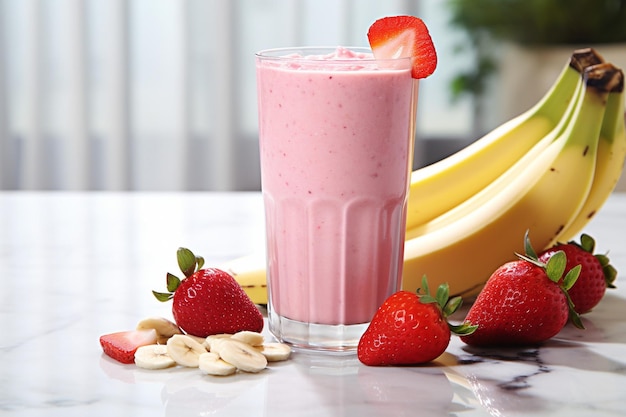 Een glas smoothie op een houten stoel met een strandhoed.