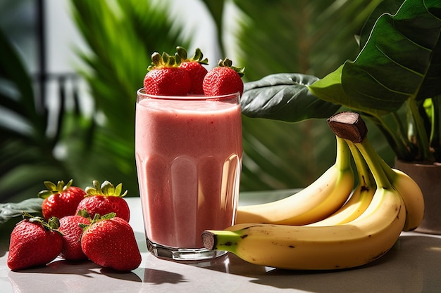 Een glas smoothie op een houten stoel met een strandhoed.