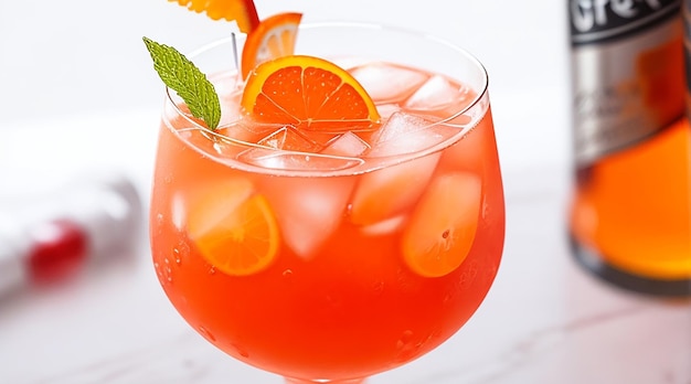 Een glas spritz aperol cocktail versierd met sinaasappel in de kelder