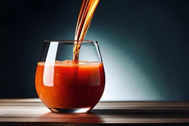 Foto een glas tomatensap dat in een glas wordt gegoten.