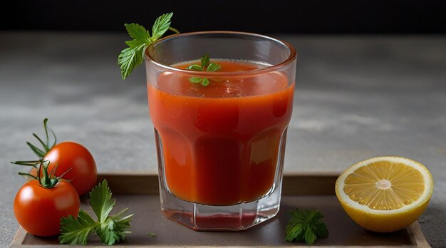 Een glas tomatensap gegarneerd met kersen tomaten ai foto