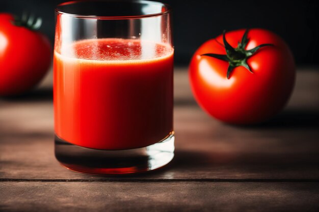 Een glas tomatensap naast een tomaat