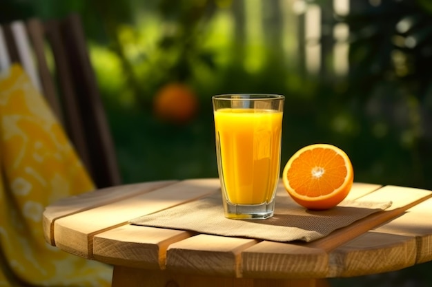 Een glas vers en verfrissend sinaasappelsap op een houten tafel in de tuin close-up