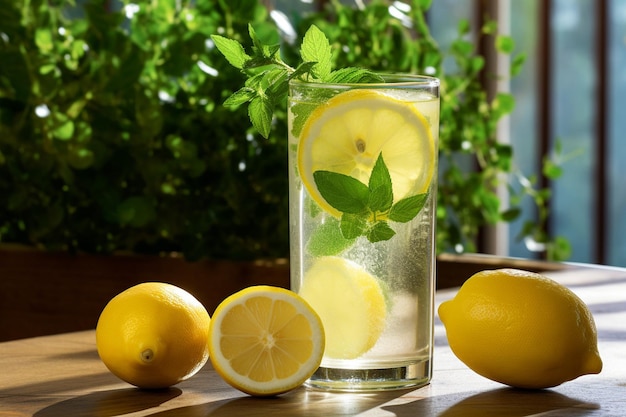 Foto een glas verse limonade met plakjes citroen.