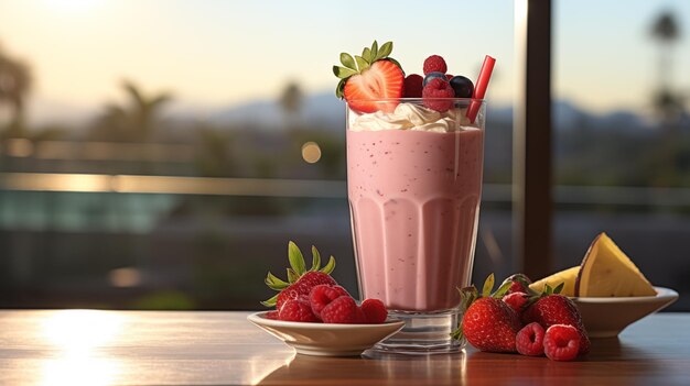 Een glas verse melk fruit en bessen cocktail met room staat op de tafel binnen bij zonsondergang