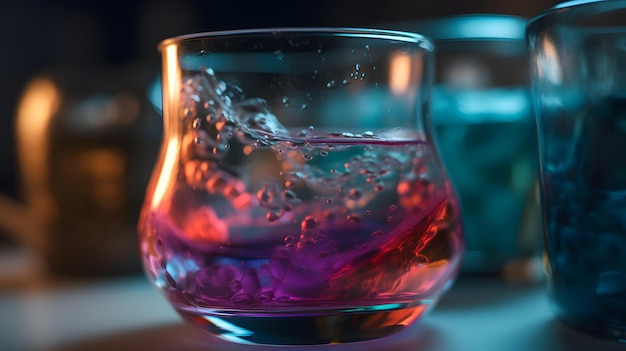 Een glas vloeistof met een blauw licht erachter