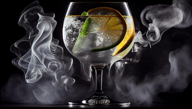 Een glas vloeistof met een citroen erop en een glas vloeistof waar rook uit komt.