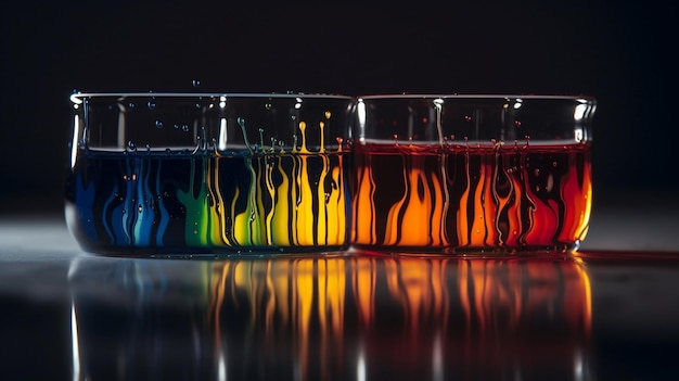 Een glas vloeistof met regenboogkleuren erop