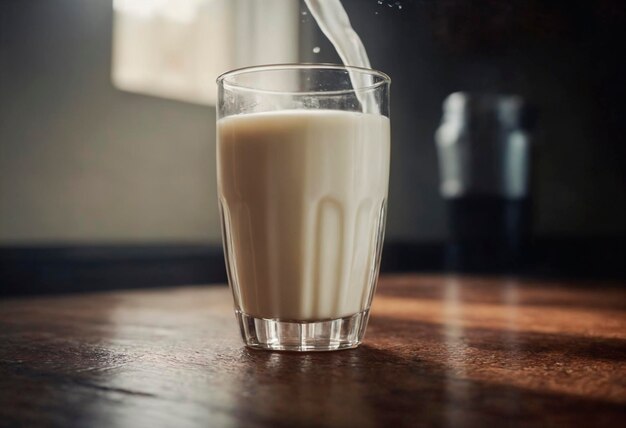 Een glas vol melk staat op een houten tafel.