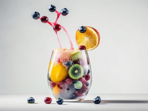 Een glas vruchtensap met een blauwe vloeistof en een rood lint