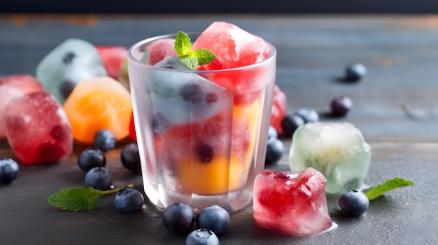 Een glas vruchtensap met ijsblokjes en bosbessen op tafel