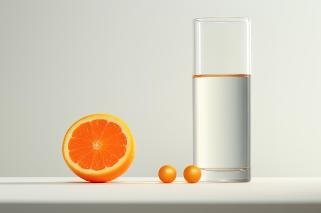 Een glas water en een gesneden sinaasappel aan de linkerkant op een grijswaardenachtergrond