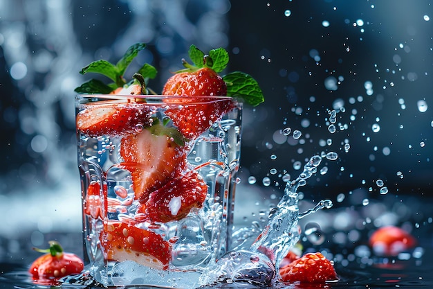 Een glas water met aardbeien erin en water dat eromheen spat en een paar aardbeien op de