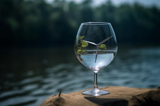 Een glas water met bladeren erop en een boom op de achtergrond.