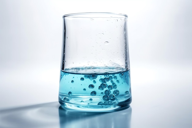 Een glas water met blauwe vloeistof erin