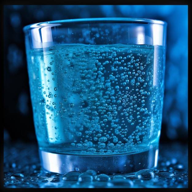 Een glas water met bubbels erin en een blauwe achtergrond.
