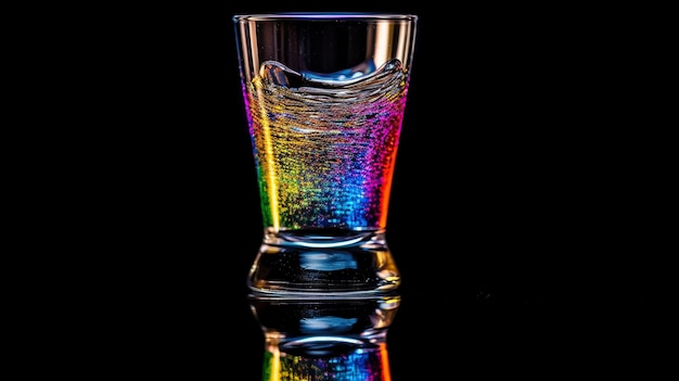 Een glas water met daarin een regenboogkleurige vloeistof