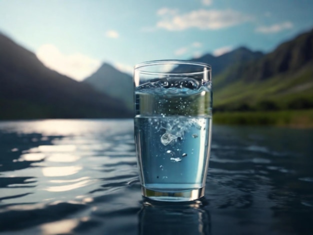 een glas water met een berg op de achtergrond